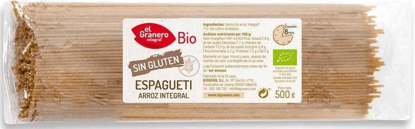 El Granero Integral Espaguetis de Arroz Integral Sin Gluten Bio 500 gr El Granero Integral Espaguetis de Arroz Integral Sin Gluten Bio 500 gr