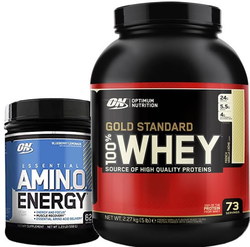 Pack Optimum Nutrition 100% Whey Gold Standard 5 Lbs + Amino Energy 558 gr Pack Optimum Nutrition 100% Whey Gold Standard 5 Lbs + Amino Energy 558 gr