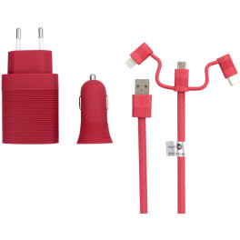 Muvit Life Pack Cargador De Coche Usb+cargador De Casa Usb+cable 3 En 1 Micro Usb Tipo C Y Lightning Rojo