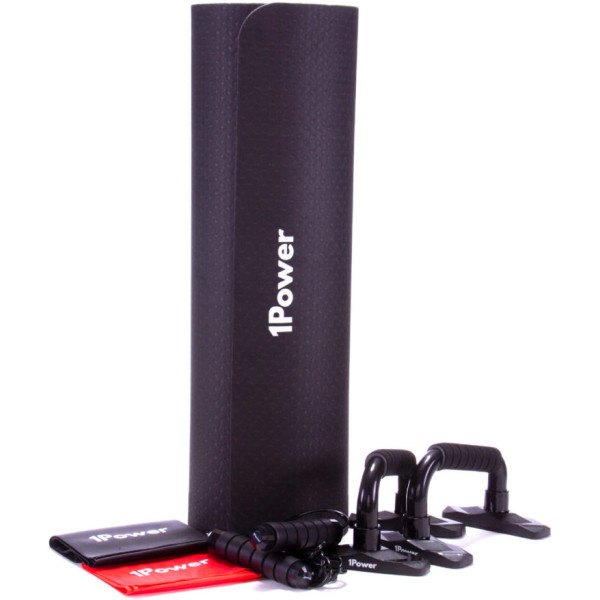 1Power Pack Entrenamiento 4 en 1 Esterilla + Comba + Push up + Bandas Elásticas