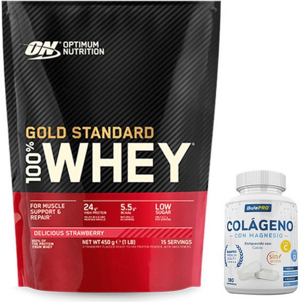 Pacote Optimum Nutrition Protein On 100% Whey Gold Standard 10 Lbs (4,5 Kg) + BulePRO Collagen com Magnésio 180 comprimidos