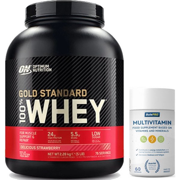 Pacote Optimum Nutrition Protein On 100% Whey Gold Standard 5 Lbs (2,27 Kg) + Multivitaminas BulePRO 60 Cápsulas