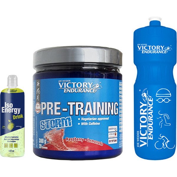 GESCHENKPAKET Victory Endurance Pre-Training Storm 300 gr + Iso Energy Drink 500 ml + Wasserflasche 750 ml Blau