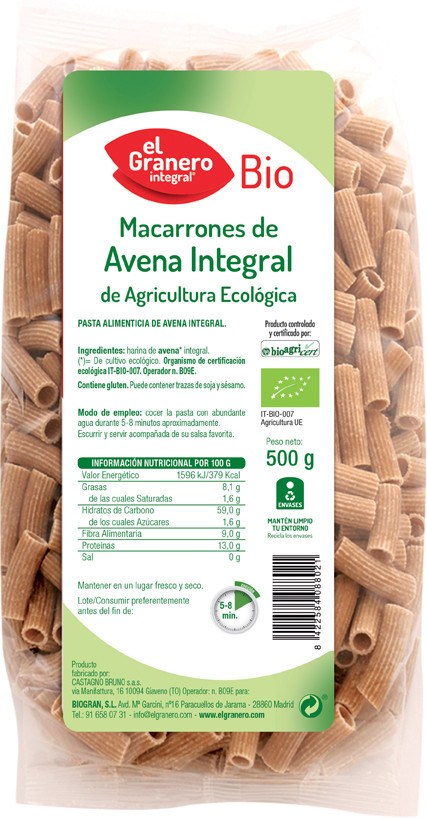 El Granero Integral Macarrones Avena Bio 500 Gr El Granero Integral Macarrones Avena Bio 500 Gr