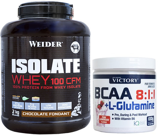 Pack Weider Isolate Whey 100 CFM 2 kg + Victory BCAA 8:1:1 + L-Glutamina 100 gr Pack Weider Isolate Whey 100 CFM 2 kg + Victory BCAA 8:1:1 + L-Glutamina 100 gr