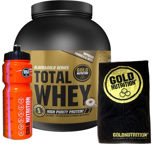 Pack Gold Nutrition Total Whey 2 kg + Toalla Negra + Bulevip Bidon 600 ml Pack Gold Nutrition Total Whey 2 kg + Toalla Negra + Bulevip Bidon 600 ml