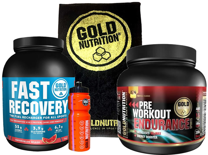 Pack Gold Nutrition Fast Recovery 1 kg + Pre-Workout Endurance 300 gr + Toalla Negra + Bidon 750 ml Pack Gold Nutrition Fast Recovery 1 kg + Pre-Workout Endurance 300 gr + Toalla Negra + Bidon 750 ml